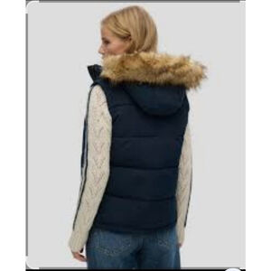 Women's Liz Claiborne Medium Petite Navy Puffer Vest w Removeable Faux Fur Hood